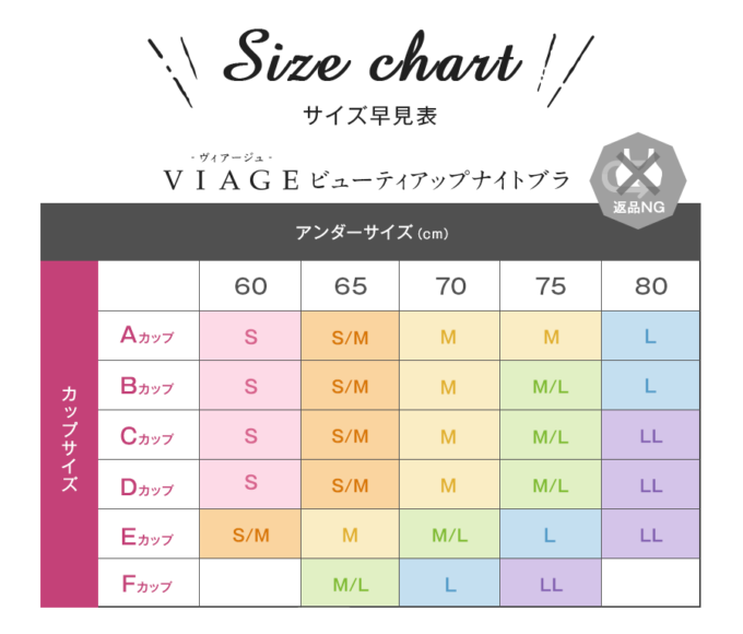 Viage（ヴィアージュ）ビューティアップナイトブラのサイズ表